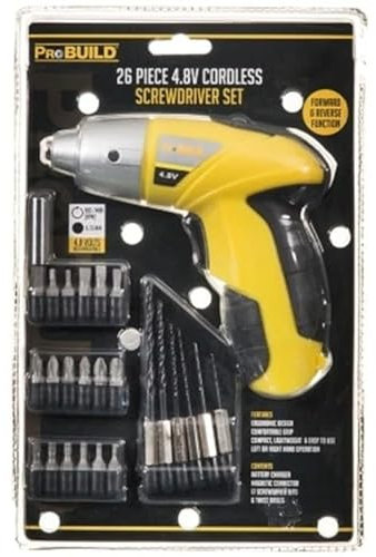 New ProBuild 4.8V Cordless Screwdriver Set – 26pc Compact Power Tool Kit | Lightweight, Ergonomic Design, Forward/Reverse - Magnetic Connector, Charger + 17 Bits + 6 Drill Bits Included B-16