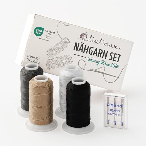 Nähgarn Set 100% Polyester/Extra starkes Garn inkl. Nähmaschinennadeln / 4x 250m (weiß, schwarz, grau, beige) / Ledergarn für dicke Stoffe/OEKO-TEX zertifiziert/Stärke 30 / robuster Zwirn