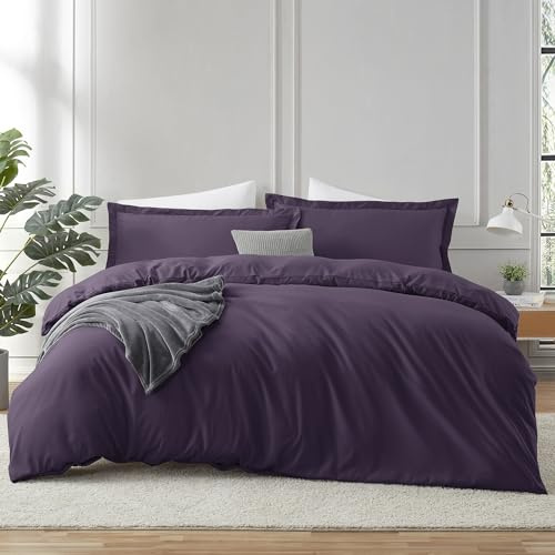 Hearth & Harbor Purple Duvet Cover with Fitted Sheet Queen Size | 4 Piece Soft Double Brushed Bedding Set, Button Closure, 1 Duvet Cover 90x90 Inches, 1 Fitted Sheet, 2 Pillow Shams