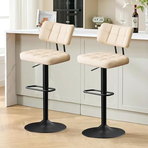 Ckaff Lot de 2 Tabourets de Bar, Tabourets Bar Réglables en Hauteur Modernes, Chaise de Bar Chaise Haute Bar, Tabouret Ilot Central Cuisine avec Dossier et Repose-Pieds pour Cuisine, Bar, PU, Beige