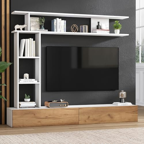 Lcoho 180x35x22.5cm TV Wohnwand-Set mit Vitrinen,Mediawand inkl.TV-Board, Standregal und Wandregal,TV Wohnzimmermöbel-Set,TV-Schrank, stehend&hängend,TV bis 80',Weiß + Holzfarbe