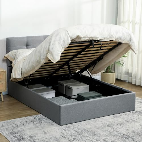 HOMCOM 4ft6 Double Ottoman Bed, Upholstered Storage Bed Frame with Gas Lift, Linen Fabric Tufted Headboard, Wooden Slat Support, Mattress Not Included, Grey