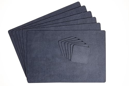 DAG STYLE Lot de 6 Sets de Table + 6 Dessous de Verre, Ligne Jute Light Bleu Myrtille, 30 x 45 cm, PVC Antibactérien Effet Jute, Antitache, Made in Italy