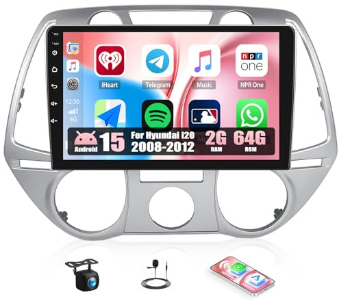 CAMECHO 2+64G Android 15 Carplay Autoradio per Hyundai i20 2008-2012, Nav Wireless Carplay Android Auto, Schermo da 9 Radio WiFi Bluetooth Mirror Link FM/RDS +Telecamera