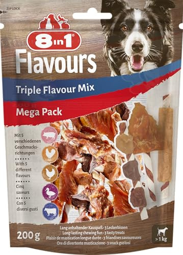 8in1 Triple Flavour Mix - Mischung mit 3 verschiedenen Hunde-Snacks (Wings, Ribs und Skewers), Kausnacks für Hunde mit extra viel Fleisch, 200g Beutel