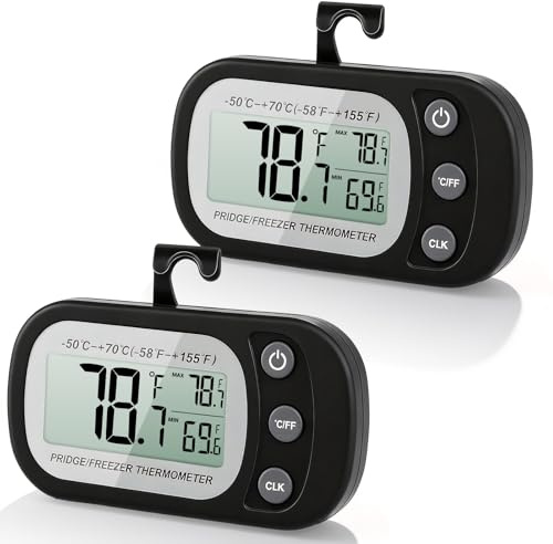 2PCS Fridge Thermometer Digital Refrigerator Freezer Temperature Thermometer UK with Large LCD Display Min/Max -50-+70°C/°F Function 3 Mounting Options for Kitchen Home Restaurants Bars (Black)