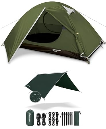 Bessport 2 Personen Zelt und Camping Zelt Tarp 3m x 4m Wasserdicht PU3000 mm Tarp für Hängematte, mit Ösen & 6 Aluminiumstifte & 8 Nylonseile, Anti-UV Geeignet für Camping, Picknick, Hängematte