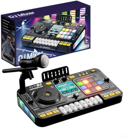 DJ Mixer, Children Interactive Music Console with Lights Wireless Microphone Multifunctional Turntable Simulator Beginner(Black)