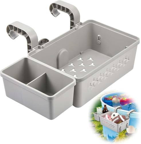 Bkazwe Cesto Portaoggetti da Appendere per Piscina Fuori Terra, Portabicchieri Integrato con 2 Portabevande + Gancio, Plastica Riciclata, Grande Capacità, Organizer Laterale per Bordo Piscina (D)