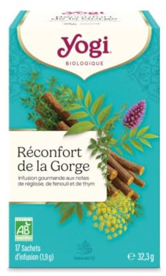 YOGI – Réconfort de la Gorge Bio – Infusion Gourmande Sans Caféine – Mélange de Réglisse, Fenouil & Thym – 17 Sachets