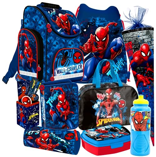Schultasche Spiderman 9 Teile Set Schulranzen Ranzen Spider-Man Schulrucksack Federmappe Tasche Schultüte 85 cm Tornister mit Sticker-von-Kids4shop