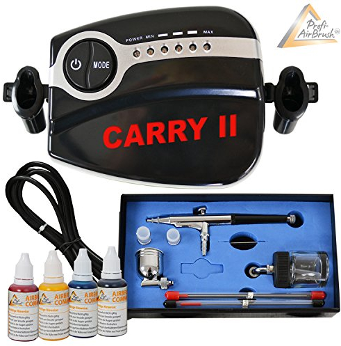 AirBrush Set CARRY II COLOUR II mit Airbrush Kompressor - Airbrushfarben Set AIRBRUSHPISTOLE DOUBLE ACTION mit 0,2/0,3/0,5mm Düsen, Fließbecher+Glas OPTIMALES Airbrush-Kit