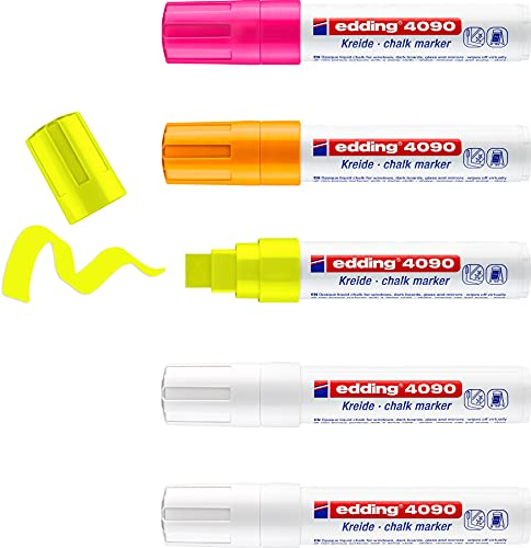 edding 4090 Kreidemarker Set - weiß, gelb, orange, pink (neon)- 5 Kreidestifte - Keilspitze 4-15 mm - Kreidestift für Tafel abwischbar - für Fenster, Glas, Spiegel - Tafelstift mit deckenden Farben