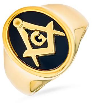 Bling Jewelry Personalisierter Geheimbund Quadratischer Kompass Siegel Freimaurer Masonic Ring 14K Vergoldeter Edelstahl Individuell Graviert