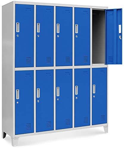 Jan Nowak Umkleideschrank 5B2A Spind Spint Schließfachschrank Metallschrank mit 10 Fächern Etikettenhalter Lüftungsschlitze Metall Pulverbeschichtet 172 cm x 136 cm x 45 cm (H x B x T) (Grau-Blau)