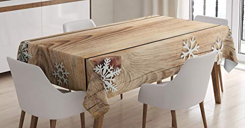 ABAKUHAUS Weihnachten Tischdecke, Holz Plank Schneeflocken, Wasserfest Waschbar mit Klar Sichtbaren Farben kein Verblassen Personalisiert, 140 x 200 cm, Hellbraun Weiß Braun