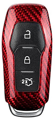 M.JVisun Véritable Fibre de Carbone Clef Porte-clés Auto Coques de Clés pour Ford Mustang 2016 2015 Protecteur de Clé de Voiture - 3 Bouton - pour Mustang Logo - Rouge