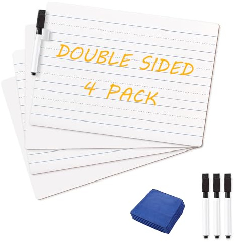 MAKELLO 4 Pack A4 Whiteboard, Double Sided Small Whiteboard, Plain and Line | 30X21cm, Portable, Lightweight, Handheld, Smooth Writing, Dry Erase, Mini Whiteboard for Office, School, Homeschooling