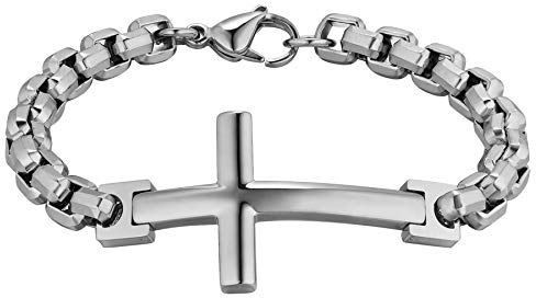 Flongo Herrenarmband Männer Rosenkranz Kette Armkette aus Edelstahl Armband Armreif Panzerkette Kreuz Kruzifix Silber Biker Herren-Accessoires