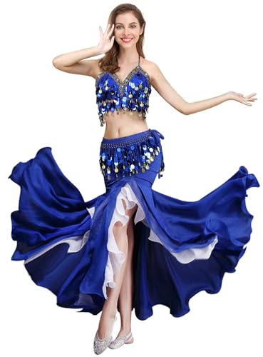ELLYDOOR Belly Dance Costume Set for Women Belly Dance Crop Top Bra and Hip Scarf Slit Dance Skirt Halloween Outfit