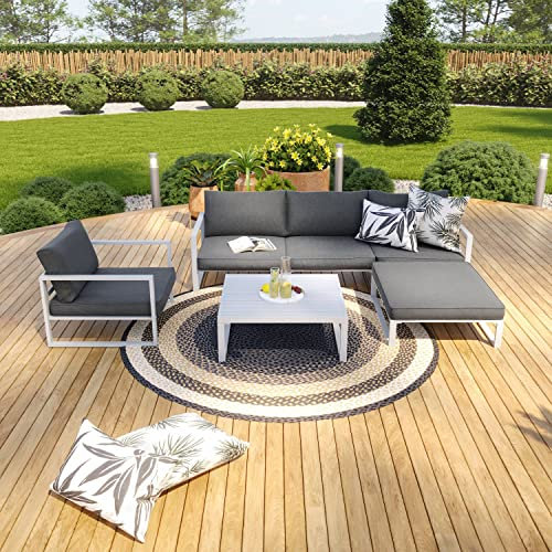 Avril Paris Salon de Jardin Angle Aluminium 5 Places Couleur Blanc Gris-Valence