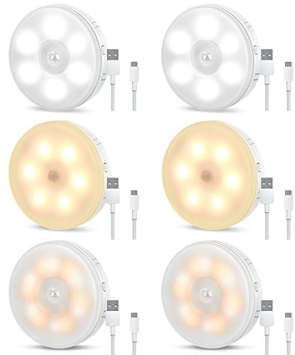 Tailcas Motion Sensor Lights Indoor, Two-Color Upgrade (Cold White/Warm White), USB Rechargeable LED Night Light with Auto/On/Off Modes, with Removable Magnet Sheet Stick-On Cupboard Lights, 6 Pack