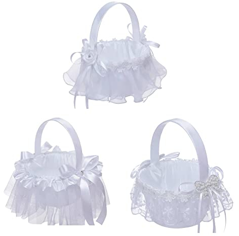 NIUXICH Hochzeitskorb für Blumenmädchen, weiße Hochzeitszeremonie, Korb mit Schleife und Griff, Seidenblumenmädchen-Körbe, Aufbewahrungsbehälter für Blumen, Süßigkeiten, Hochzeit, 3 Stück