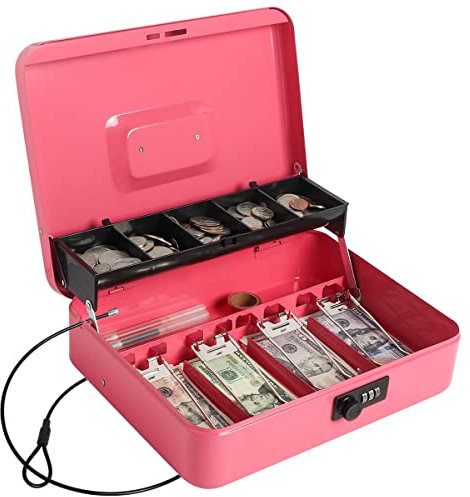Geldkassette mit Zahlenschloss, Geldtresor für Bargeld, Schlossbox mit Sicherheitskabel 11,8 x 9,5 x 3,54 Zoll, Rosa