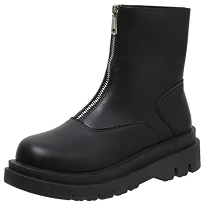 Woaikeyu Damenstiefel, kurz, Plateau-Stiefel, runde Spitze, Leder, modisch, bequem, CasualBoots
