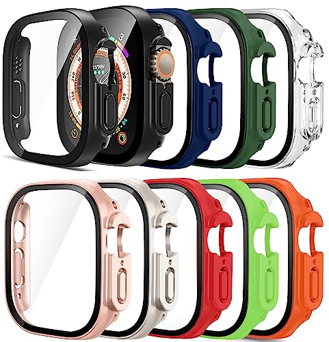 Pocoukate Schutzhülle mit Displayschutz kompatibel mit Apple Watch Ultra, Ultra 2 49 MM, Hartes PC-Material Schutz Hülle Case mit Glas Schutzfolie für iWatch Ultra Ultra2 49MM 9 Stück