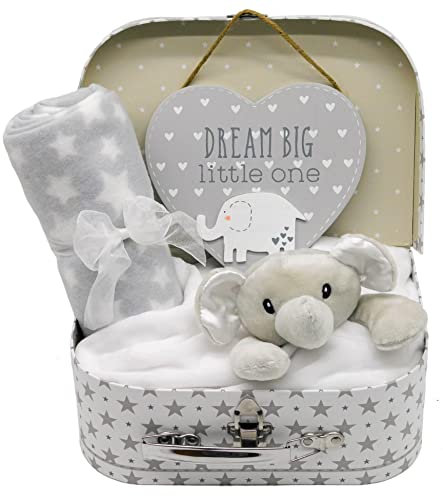 Tiny Welcome Nuevo juego de regalo para bebé: caja de recuerdos unisex, manta de forro polar, edredón y placa para colgar