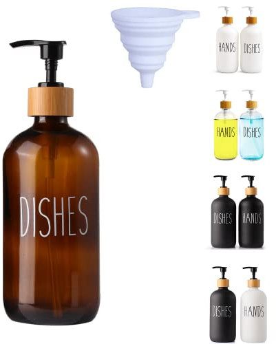 LOOCHICA Dish Amber Glass Soap Dispenser with Plastic Pump, 16 Oz Brown Dish Soap Dispenser Set Refillable Reusable Apothecary Soap Pump Dispenser Bottles for Bathroom and Kitchen