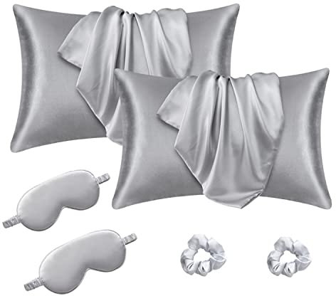 Crazy Bean 2er Set Satin Kissenbezug 75x50cm Satin Kopfkissenbezug Pillowcase Kissen für Haar und Hautpflege mit Haargummis und Augenklappe Weich und Atmungsaktiv(Hellgrau)
