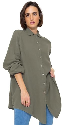 SASSYCLASSY Oversize Musselin Bluse Damen Langarm - Oversized Freizeit Look - Hemdbluse lang aus Baumwolle mit V Ausschnitt - Long-Bluse One Size (Gr. 36-48) Khaki