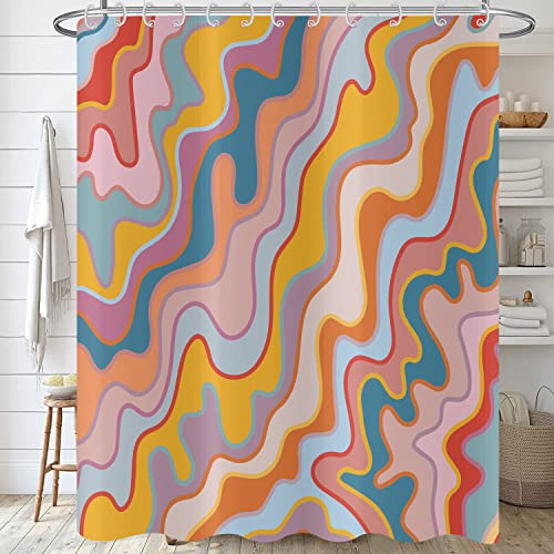 Hnmdmyi Duschvorhang Vintage Abstrakte Kunst 180x180, Pastell Regenbogen Bunte Groovy Wellen Streifen Geometrische Badewanne Vorhang Ästhetische Retro Minimalistische Wasserdicht Stoff Badevorhang