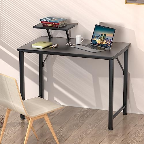 Schreibtisch mit Kleiner Abnehmbarem Monitorständer, Gaming Tisch Computertisch,Laptoptisch für Zuhause Büro und Wohnzimmer, Tischplatte mit Brauner Holzmaserung, Schwarzer Bürotisch, 80x40x74 cm