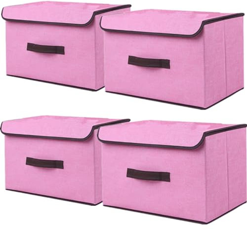 NCRGB Boite de Rangement avec Couvercle,Boite Rangement Tissu,Cube de Rangement tissu,Pliantes,Boîtes de Rangement pour placards,Vêtements,Penderies,Jouets (36×23×24cm/4pack, Rose)
