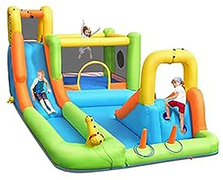 GOPLUS Aufblasbare Hüpfburg, Wasserrutsche mit 2 Planschbecken, 2 Rutschen, Kletterwand, Wasserkanone, Basketballkorb, Wurfspiel & Zielbällen, für 3-10 Jahre, 503 × 290 × 216 cm (Ohne Gebläse)