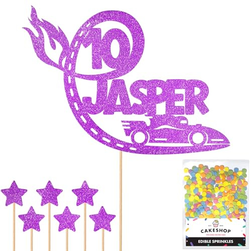 Personalised F1 Motor Racing Car Glitter Cake Topper - Purple Custom Age & Name Glitter Cake Decoration and Sprinkles - Happy Birthday Decorations - Personalised Toppers for Cakes by Cakeshop