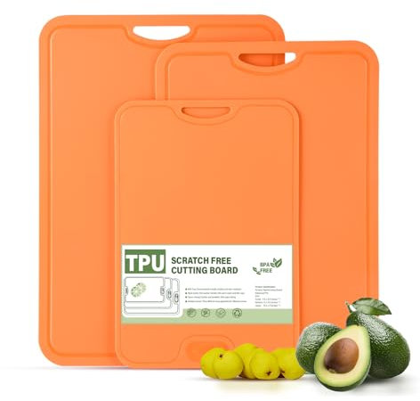 TPU Cutting Boards for Kitchen, Chopping Board Set of 3, Non Slip Cutting Boards with Juice Groove, Knife Mark Resistant Chopping Mat, BPA Free, Dishwasher Safe, Space Saving Camping Cutting Board