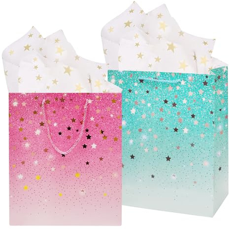 2 Stück große Geschenktüten - 2 Farben Papiertüten, ausgestattet mit 2 Stück exquisiten Taschentüchern, 26 x 10 x 32 cm Partytüte mit Griffen für Geburtstag, Hochzeit, Feiern