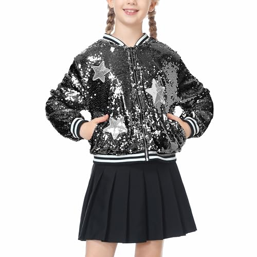 LOLANTA Mädchen Pailletten Bomberjacke mit Reißverschlusstaschen Langarm Glitzer Baseball Jacken für Kinder, Schwarz, 10-11 Jahre, 150