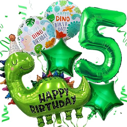 Dino Geburtstag Deko 5 Jahre, Geburtstagsdeko 5 Jahr Jungen, Dinosaurier Folienballons Grün, Luftballons Dino Happy Birthday, Luftballon 5, Dschungel Geburtstag Deko für 5 Jahre Geburtstagsparty