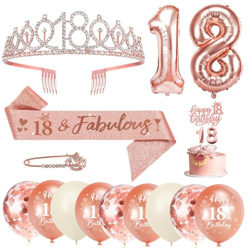 18 Anni Decorazioni Compleanno Ragazze, 18° Fusciacca e Diadema Oro Rosa Compleanno, Happy Birthday Cake Topper, Candele di Compleanno Numero e Palloncini, Regalo Ragazza 18 Anni