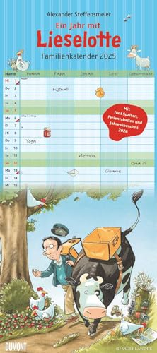 DUMONT - Kuh Lieselotte 2025 Familienkalender, 22x49,5cm, Planer mit 5 Spalten für die ganze Familie, Jahresübersicht 2026 und Schulferientabelle, deutsches Kalendarium
