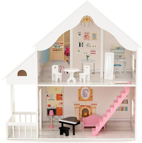 DREAMADE Puppenhaus Holz, halboffenes Holztraumhaus mit simulierten Räumen & komplettem Spielzubehör, Dollhouse Spielzeug für Puppen unter 36 cm, Puppenvilla Puppenstube für Kinder ab 3 Jahre, Weiß