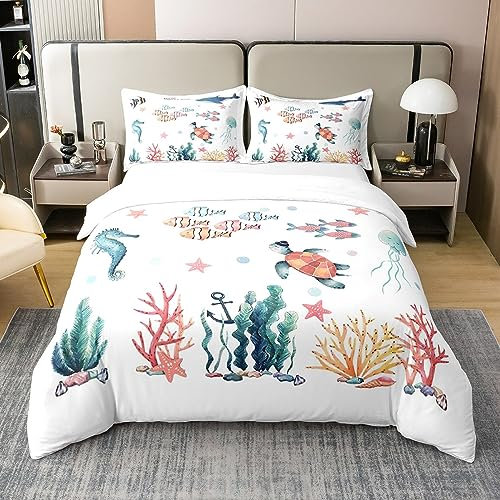 Loussiesd Ozean Turtle Kinder Baumwolle Bettwäsche Set Ozean Marine Themed Bettwäsche Set für Jungen Jugendliche Dekor Strand Seesterne Baumwolle Bettwäsche Set Seepferdchen Bettwäsche Set 135x200cm