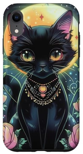 Black Cat Kawaii Gothic Moon Flowers Mystic Graphic Case for iPhone XR
