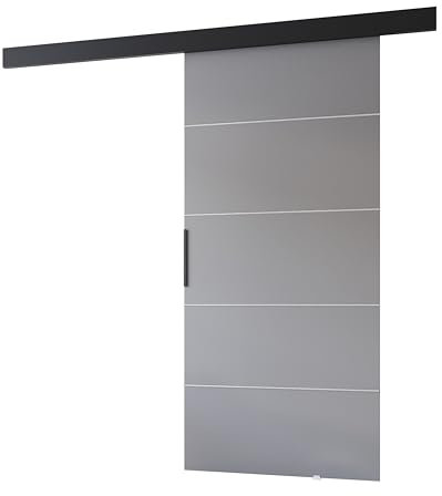 MINIO go for it - Schiebetüren 76 cm, Schiebetür Zimmertür PRIM B, Schiebetürsystem für Zimmer, Dekorative Streifen, Wandmontage, Türe Innen - Silber/Schwarzer Griff, Grau/Schwarz