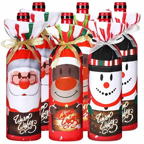Flaschen Deko Weihnachten, 6 Stück Weinflaschen Verpackung, 3 Stile Flaschenbeutel Mit Band für Tisch Dekorationen